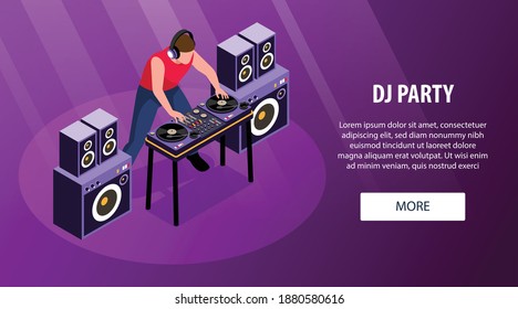 Isometric dj horizontal banner with editable text more button and character of disk jockey at decks vector illustration