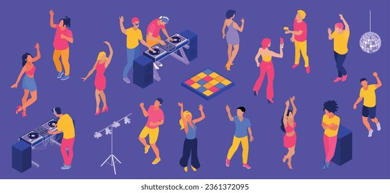 Isometric dj party color set with isolated icons of dancefloor tile lighting rig and party people vector illustration