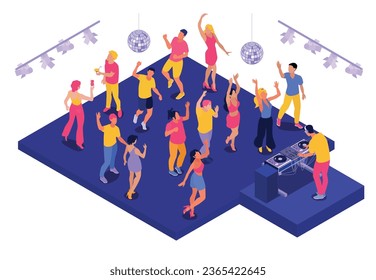 Isometric dj party composition with isolated view of dancefloor with dancing people disco ball and dj vector illustration