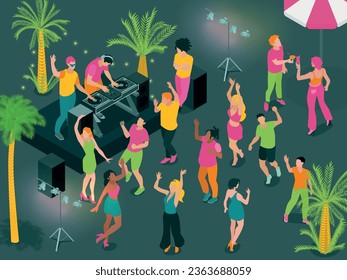 Isometric dj party composition with view of dancefloor with disk jockey dancing people and palm trees vector illustration