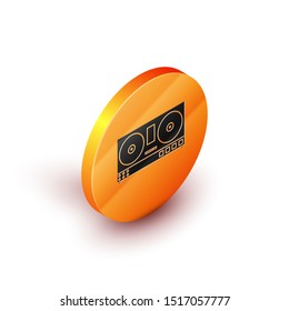 Isometric DJ remote for playing and mixing music icon isolated on white background. DJ mixer complete with vinyl player and remote control. Orange circle button. Vector Illustration