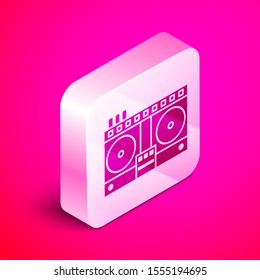 Isometric DJ remote for playing and mixing music icon isolated on pink background. DJ mixer complete with vinyl player and remote control. Silver square button. Vector Illustration