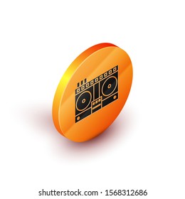 Isometric DJ remote for playing and mixing music icon isolated on white background. DJ mixer complete with vinyl player and remote control. Orange circle button. Vector Illustration