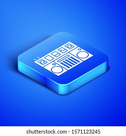 Isometric DJ remote for playing and mixing music icon isolated on blue background. DJ mixer complete with vinyl player and remote control. Blue square button. Vector Illustration