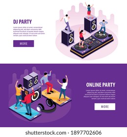 Isometric dj set of horizontal banners with characters of dancing people headphones loudspeakers and smartphone gadgets vector illustration
