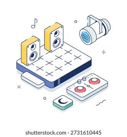 Ilustración de configuración isométrica de DJ con altavoces, tocadiscos y luces