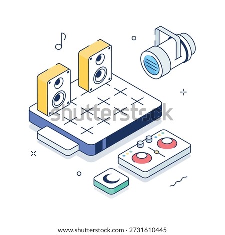 Isometric DJ setup illustration with speakers, turntables, and lights