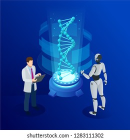 Isometric DNA helix, DNA Analysing concept. Digital blue background. Innovation, medicine, and technology.