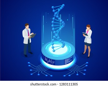 Isometric DNA helix, DNA Analysing concept. Digital blue background. Innovation, medicine, and technology.