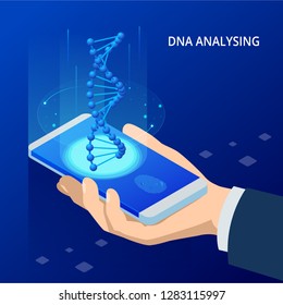 Isometric DNA helix, DNA Analysing concept. Digital blue background. Innovation, medicine, and technology. Augmented Reality DNA on smartphone.