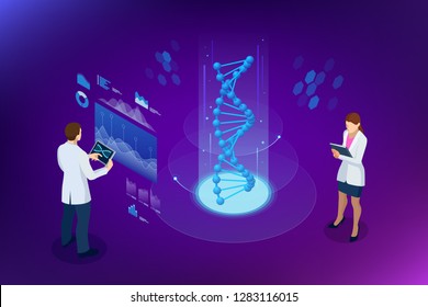 Isometric DNA helix, DNA Analysing concept. Digital blue background. Innovation, medicine, and technology.