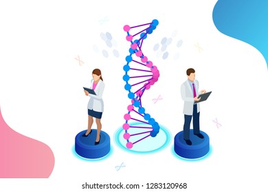Isometric DNA helix, DNA Analysing concept. Digital blue background. Innovation, medicine, and technology.