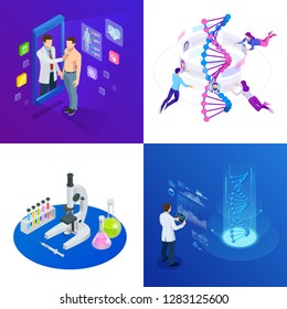 Isometric DNA helix, DNA Analysing concept. Digital blue background. Innovation, medicine, and technology.