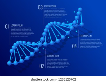 Isometric DNA helix, DNA Analysing concept. Digital blue background. Innovation, medicine, and technology. Abstract infographic