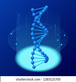 Isometric DNA helix, DNA Analysing concept. Digital blue background. Innovation, medicine, and technology.