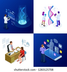 Isometrische DNA-Helix, Konzept der DNA-Analyse. Digitaler blauer Hintergrund. Innovation, Medizin und Technologie.