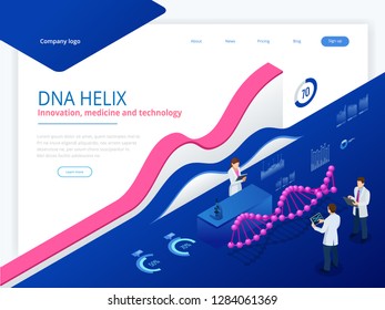 Isometric DNA helix, DNA Analysing concept. Digital blue background. Innovation, medicine, and technology. Web page or lending apge design templates