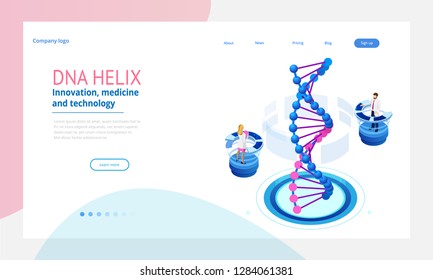 Isometric DNA helix, DNA Analysing concept. Digital blue background. Innovation, medicine, and technology. Web page or lending apge design templates