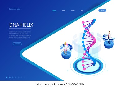 Isometric DNA helix, DNA Analysing concept. Digital blue background. Innovation, medicine, and technology. Web page or lending apge design templates