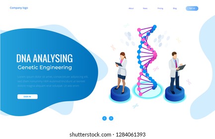 Isometric DNA helix, DNA Analysing concept. Digital blue background. Innovation, medicine, and technology. Web page or lending apge design templates