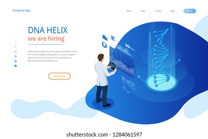 Isometric DNA helix, DNA Analysing concept. Digital blue background. Innovation, medicine, and technology. Web page or lending apge design templates