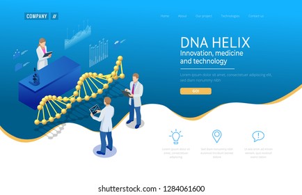 Isometric DNA helix, DNA Analysing concept. Digital blue background. Innovation, medicine, and technology. Web page or lending apge design templates