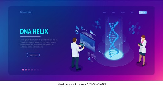 Isometric DNA helix, DNA Analysing concept. Digital blue background. Innovation, medicine, and technology. Web page or lending apge design templates