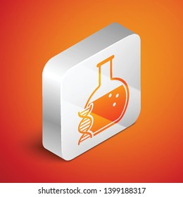Isometric DNA research, search icon isolated on orange background. Genetic engineering, genetics testing, cloning, paternity testing. Silver square button. Vector Illustration