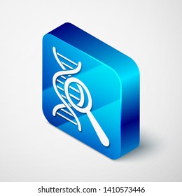 Isometric DNA research, search icon isolated on white background. Magnifying glass and dna chain. Genetic engineering, cloning, paternity testing. Blue square button. Vector Illustration