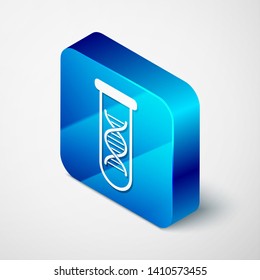 Isometric DNA research, search icon isolated on white background. Genetic engineering, genetics testing, cloning, paternity testing. Blue square button. Vector Illustration