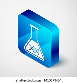 Isometric DNA research, search icon isolated on white background. Genetic engineering, genetics testing, cloning, paternity testing. Blue square button. Vector Illustration