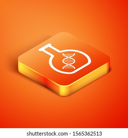 Isometric DNA research, search icon isolated on orange background. Genetic engineering, genetics testing, cloning, paternity testing.  Vector Illustration