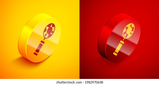 Isometric DNA research, search icon isolated on orange and red background. Magnifying glass and dna chain. Genetic engineering, cloning, paternity testing. Circle button. Vector