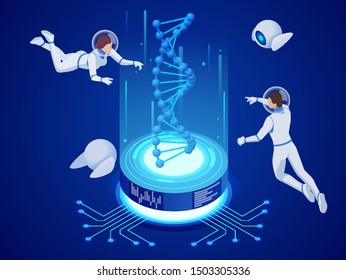 Isometric DNA structure in space. Astronauts work on DNA concept. Wireframe DNA molecules structure Digital blue background. Innovation, medicine, and technology.