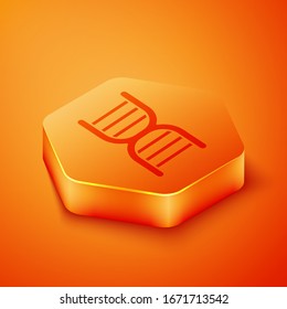 Isometric DNA symbol icon isolated on orange background. Orange hexagon button. Vector Illustration