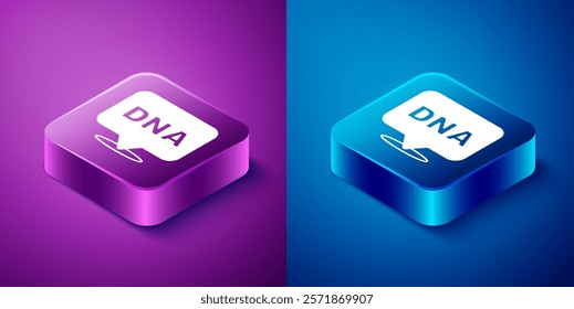 Isometric DNA symbol icon isolated on blue and purple background. Square button. Vector