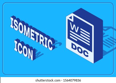 Isometric DOC file document. Download doc button icon isolated on blue background. DOC file extension symbol.  Vector Illustration