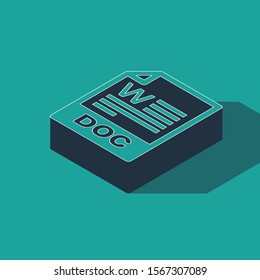 Isometric DOC file document. Download doc button icon isolated on green background. DOC file extension symbol.  Vector Illustration