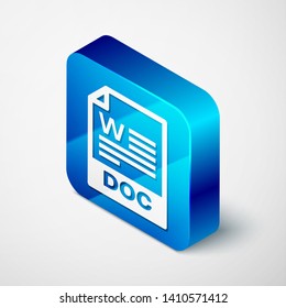 Isometric DOC file document icon. Download doc button icon isolated on white background. DOC file extension symbol. Blue square button. Vector Illustration