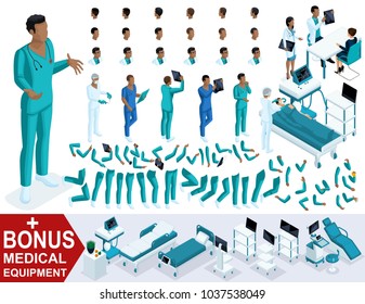 Isometric Doctor African American, create your 3d paramedic, sets of gestures of legs and hands, emotions and hairstyles. Bonus medical equipment, set 1.