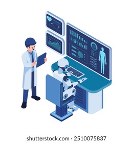 Médico isométrico analiza los datos de salud del paciente con AI Robot. Diagnósticos de IA en el concepto de atención médica