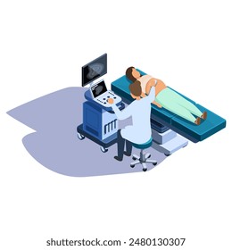 isometric doctor conducting an ultrasound examination of a pregnant woman, vector illustration