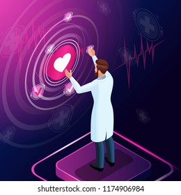 Isometric of the doctor diagnose the disease, prescribes a medicine for treatment, monitors the development of treatment, reviews, work with high tech technologies.