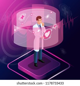 Isometric doctor diagnoses the disease and monitors its development, set 1, prescribes a medicine for treatment, looks at tests, works with high tech technologies