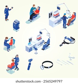 Isometric doctor ent flowchart with editable text captions lines and isolated images of otolaryngology medical specialists