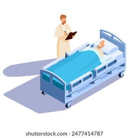 isometric doctor examination of patient in hospital bed, vector illustration