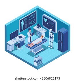 El médico isométrico examina a un paciente con diagnósticos de aire y robot. Diagnósticos de aire y concepto de atención médica