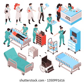 Isometric doctor nurse hospital workers set with isolated human characters in uniform clothes with furniture items vector illustration