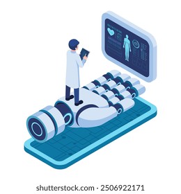 Isometric Doctor on AI Robotic hand Displaying Health Data. AI diagnostics in Healthcare Concept