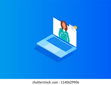 Isometric doctor online concept. Vector design infographic 